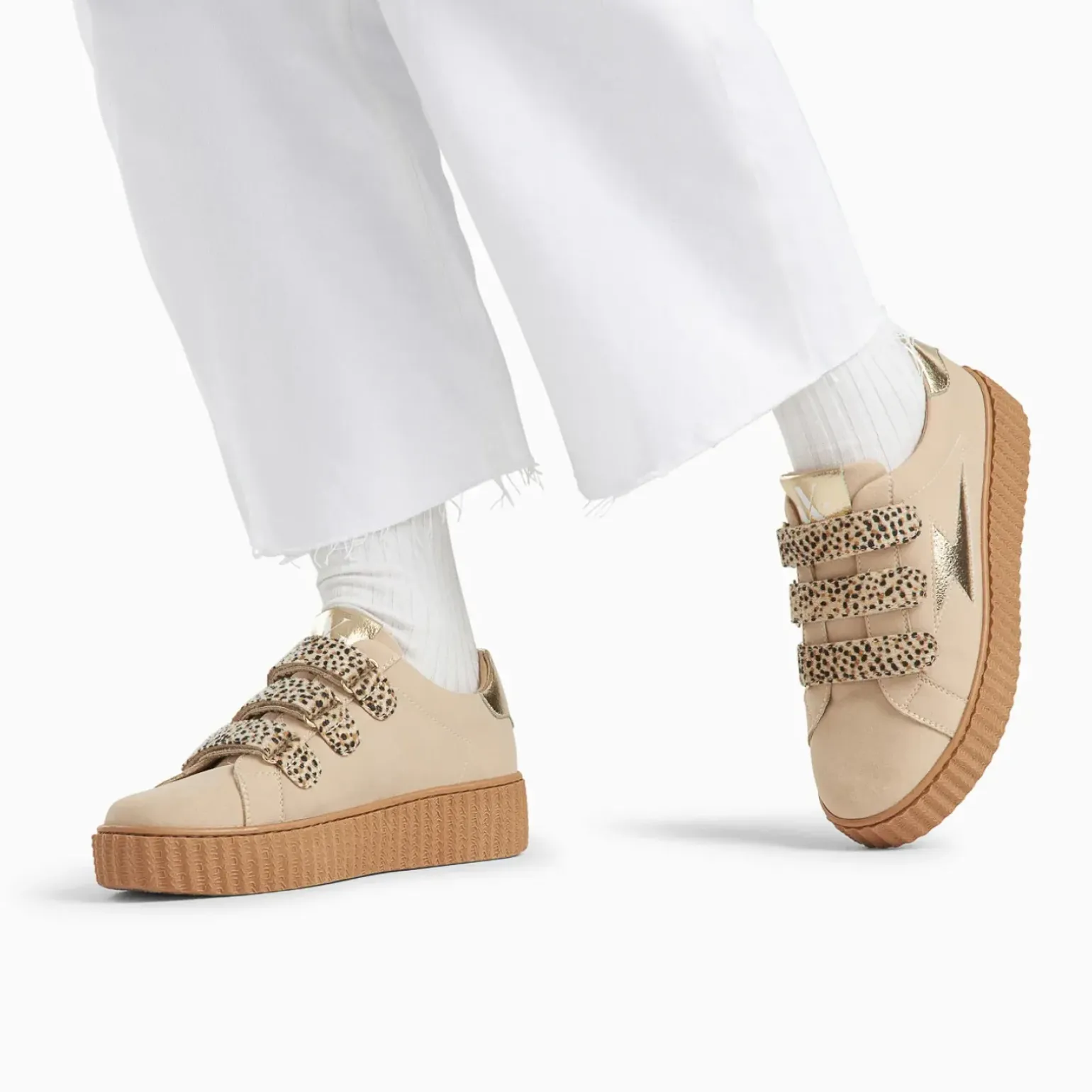 Baskets éclair Aby beige et or et à scratchs guépard