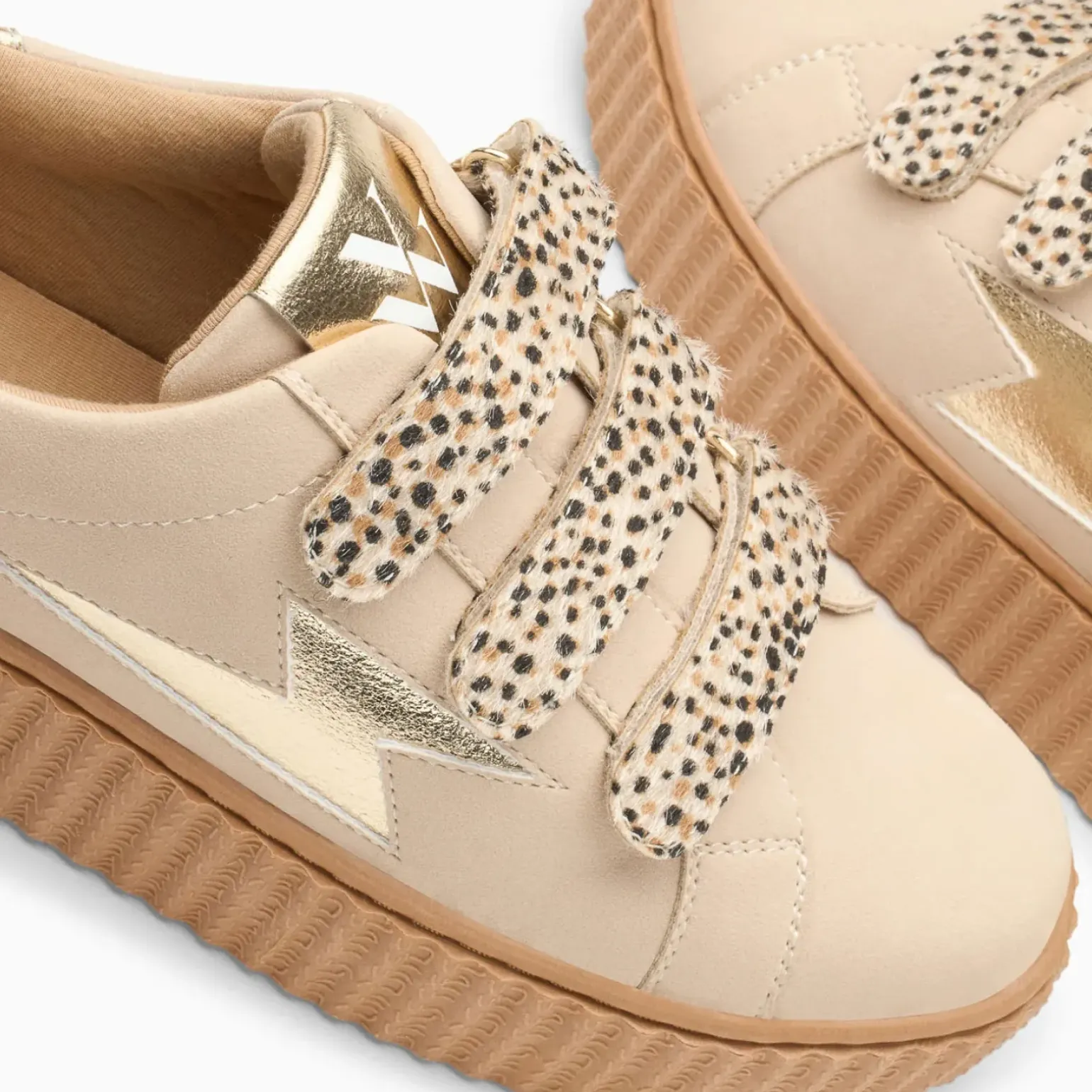 Baskets éclair Aby beige et or et à scratchs guépard