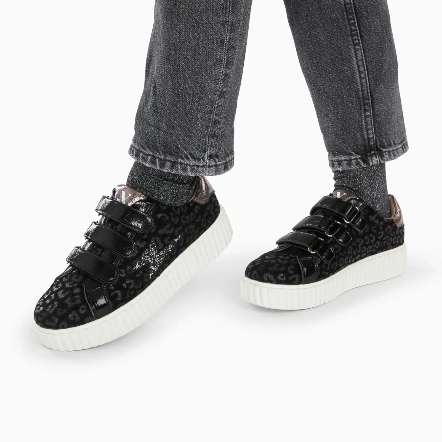 Baskets éclair Alia léopard noir à scratchs vernis