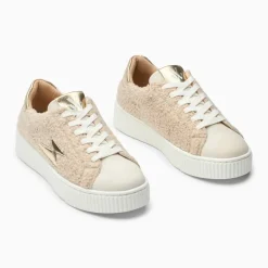 Baskets éclair Ava beige et or en fausse fourrure