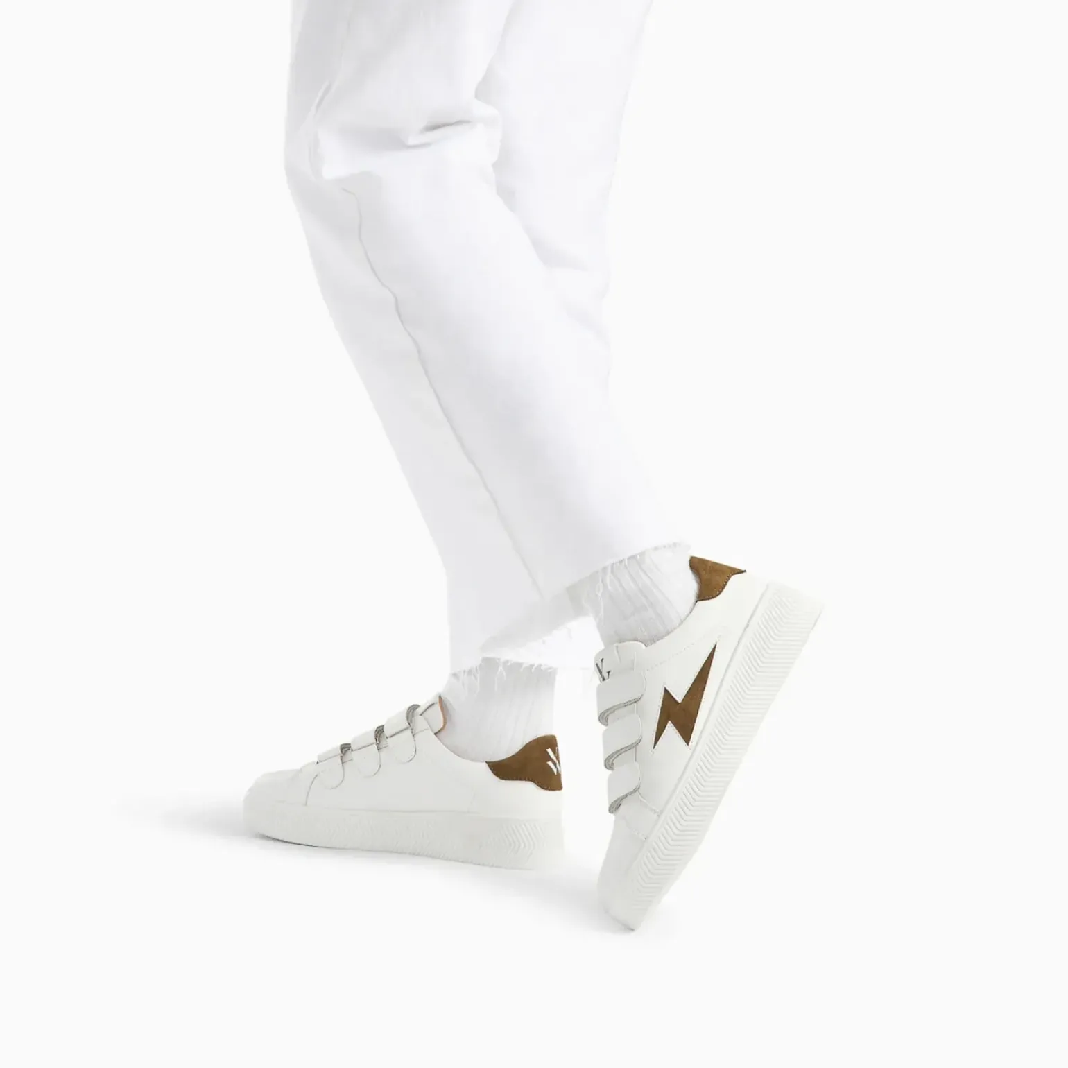 Baskets éclair Camelia blanc et kaki à scratchs