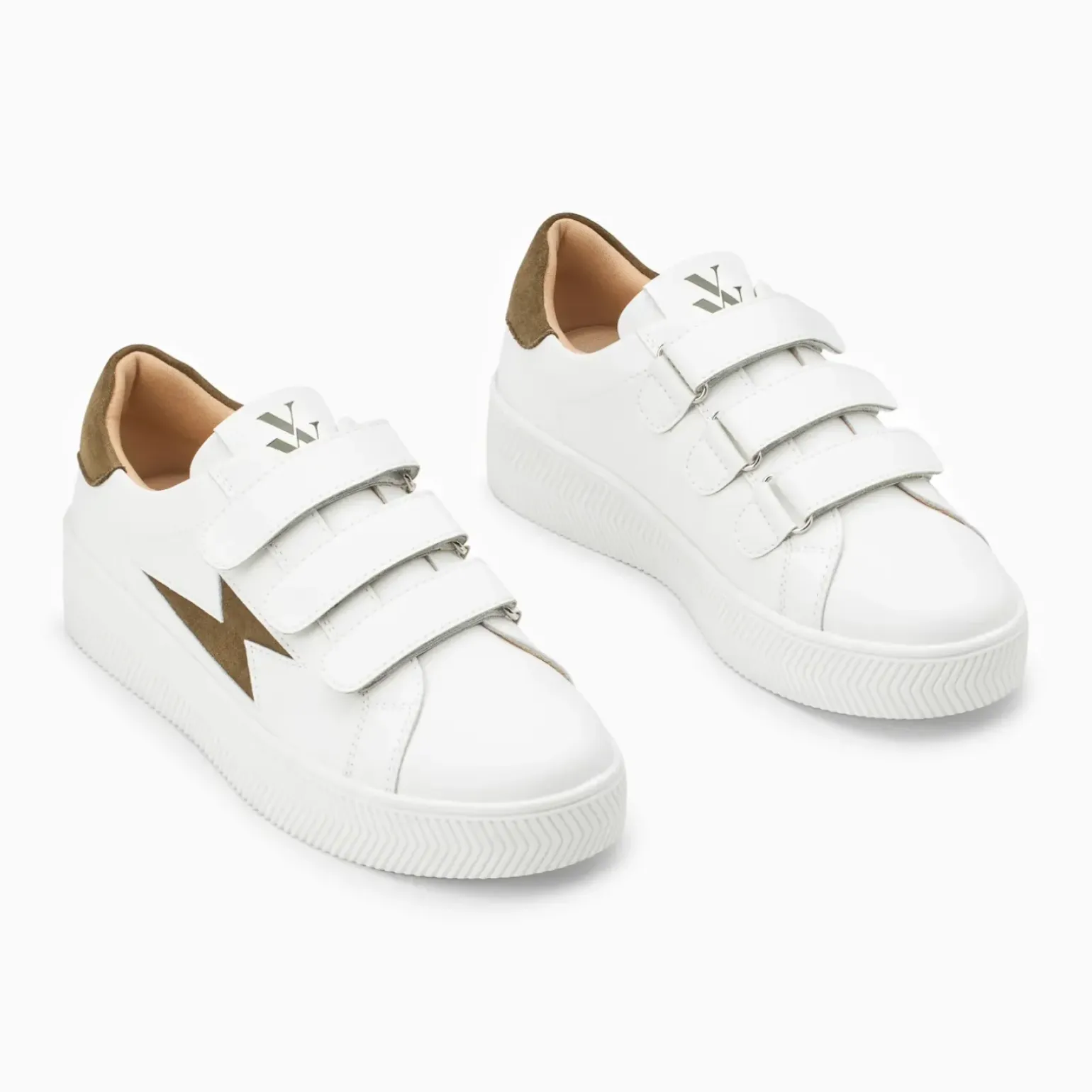 Baskets éclair Camelia blanc et kaki à scratchs