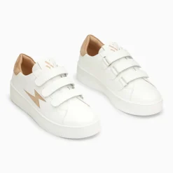 Baskets éclair Camelia blanc et beige à scratchs