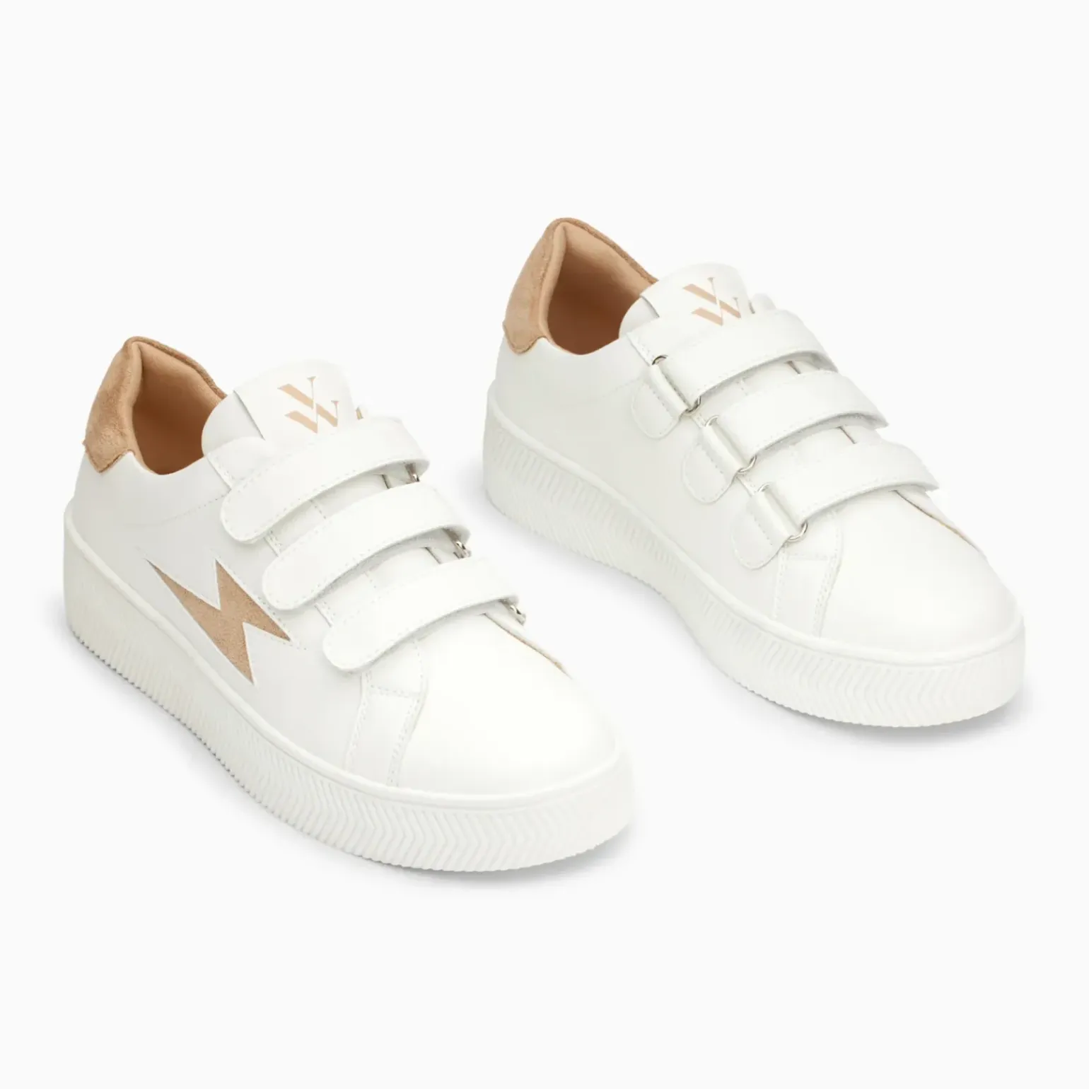 Baskets éclair Camelia blanc et beige à scratchs