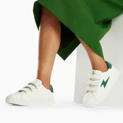 Baskets éclair Camelia blanc et vert sapin à scratchs