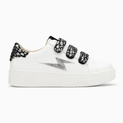 Baskets éclair Daisy blanc et argent à scratchs léopard