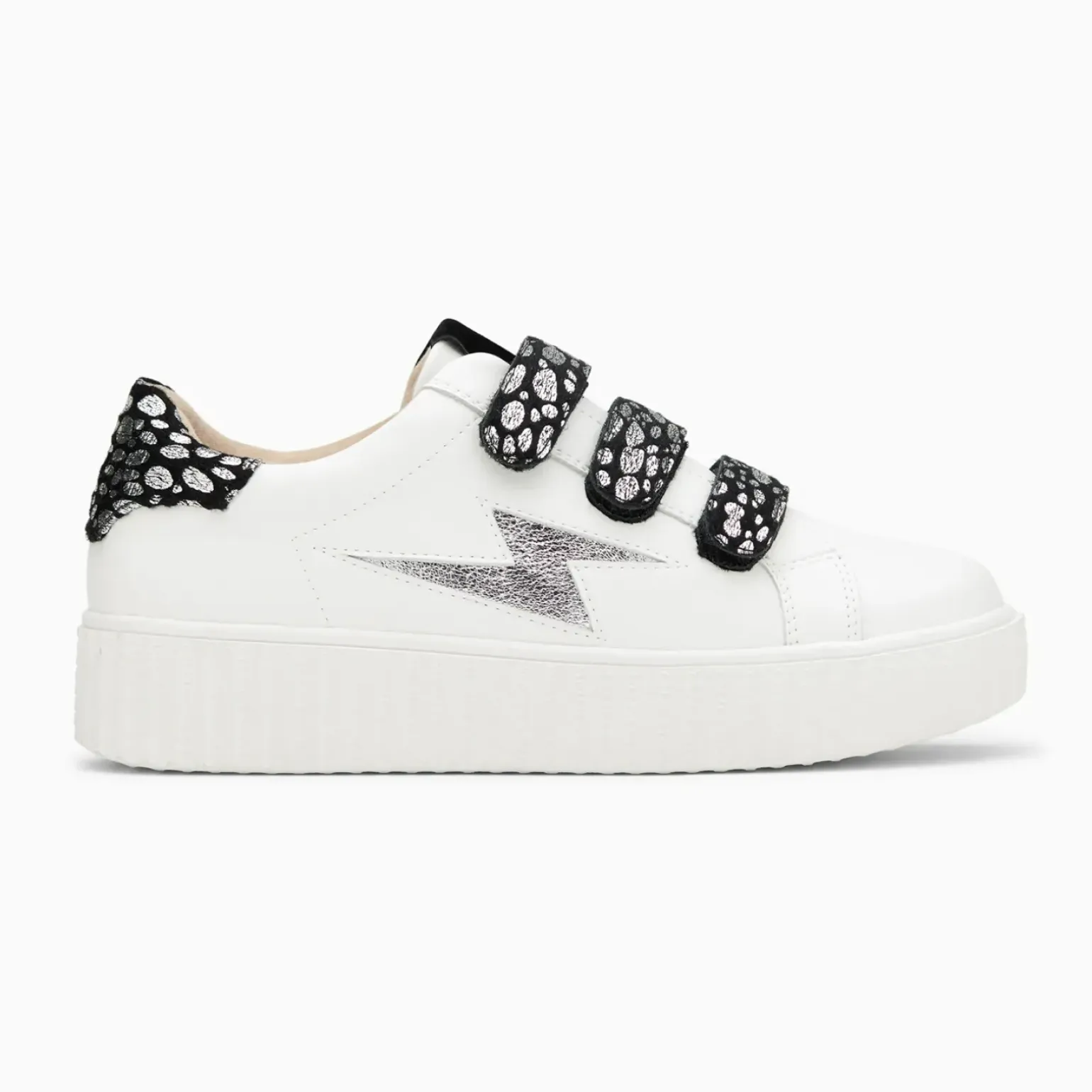 Baskets éclair Daisy blanc et argent à scratchs léopard