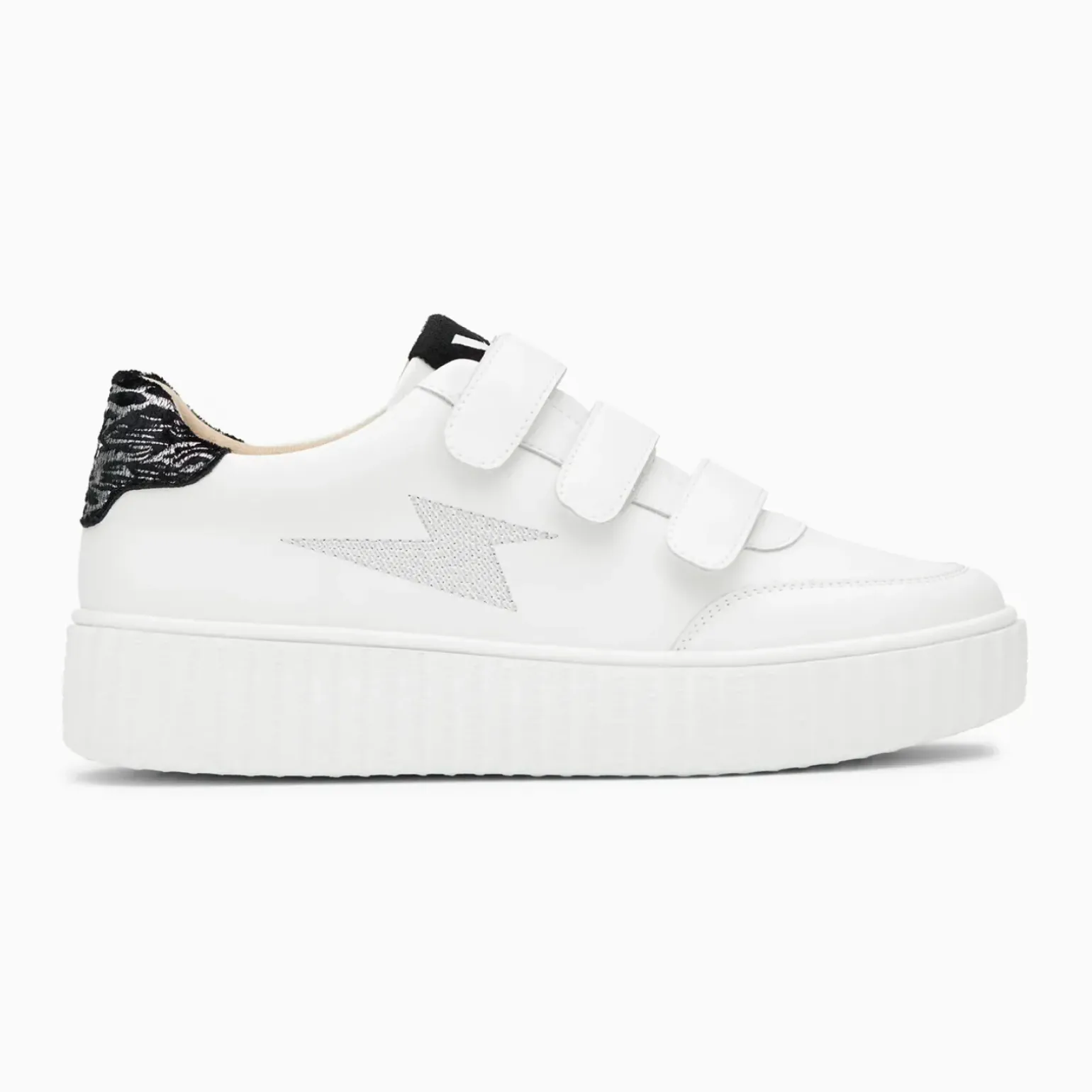 Baskets éclair Damia blanc et noir imprimé zèbre à scratchs