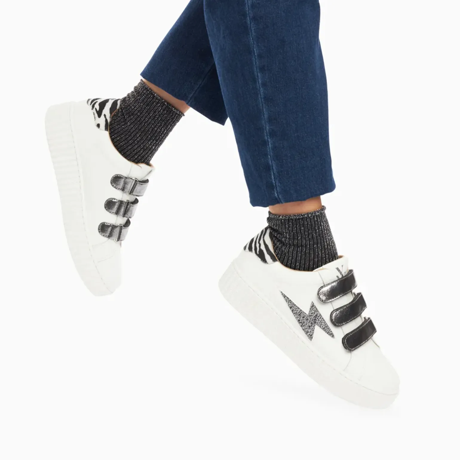 Baskets éclair Darine blanc et zèbre à scratchs anthracite