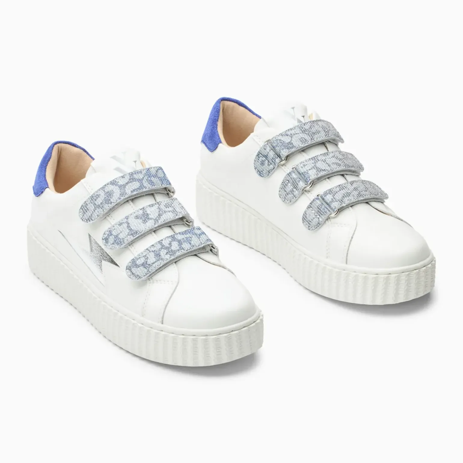 Baskets éclair Dorianne blanc et argent à scratchs léopard