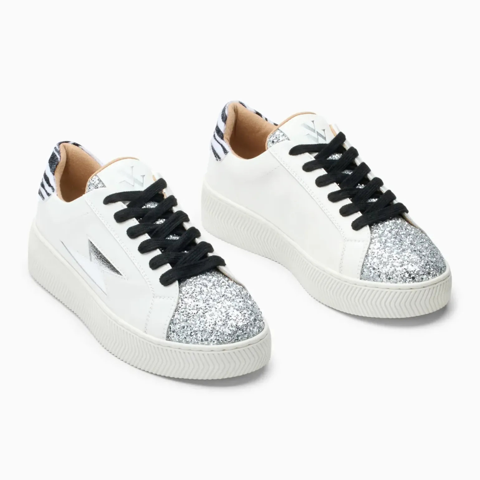 Baskets éclair Ellen blanc et argent à lacets