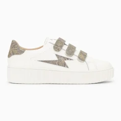 Baskets éclair Jane blanches en cuir à scratchs anthracite