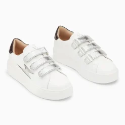 Baskets éclair Jane blanches en cuir à scratchs argent