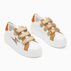 Baskets éclair Louie blanc et bronze à scratchs guépard