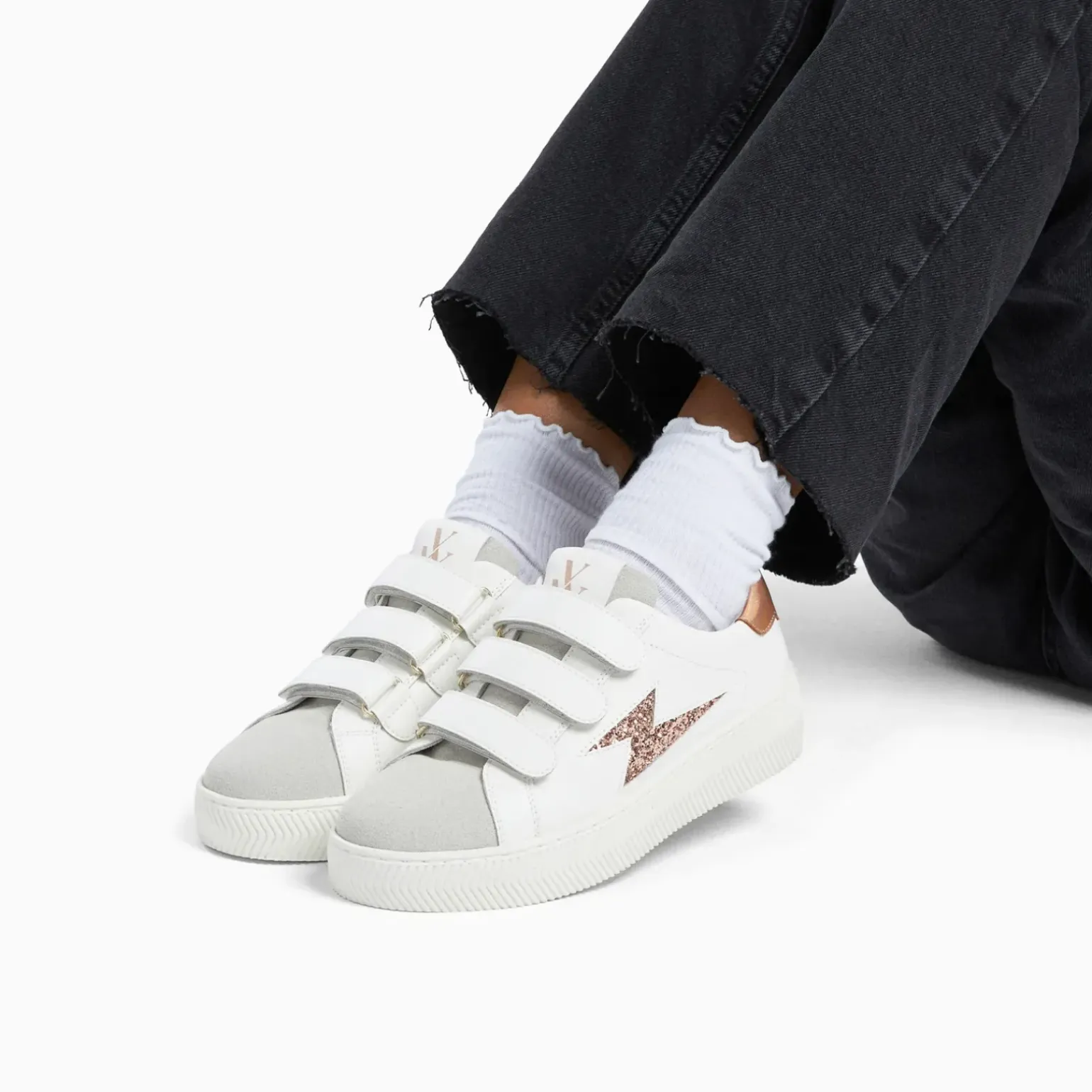 Baskets éclair Lucia blanc et rose gold à scratchs