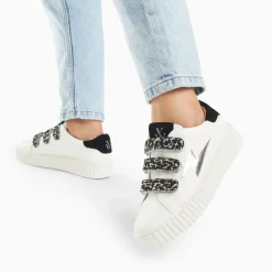 Baskets éclair Lyanna blanc et argent à scratchs léopard noirs