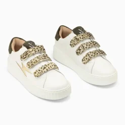 Baskets éclair Lyanna blanc et or à scratchs léopard kaki