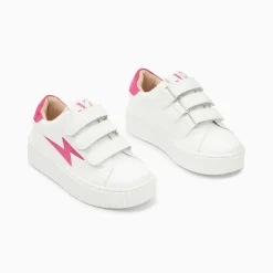 Baskets éclair Mini Vicky blanc et fuchsia à scratchs