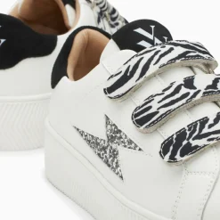 Baskets éclair Noura blanc et argent à scratchs zèbre