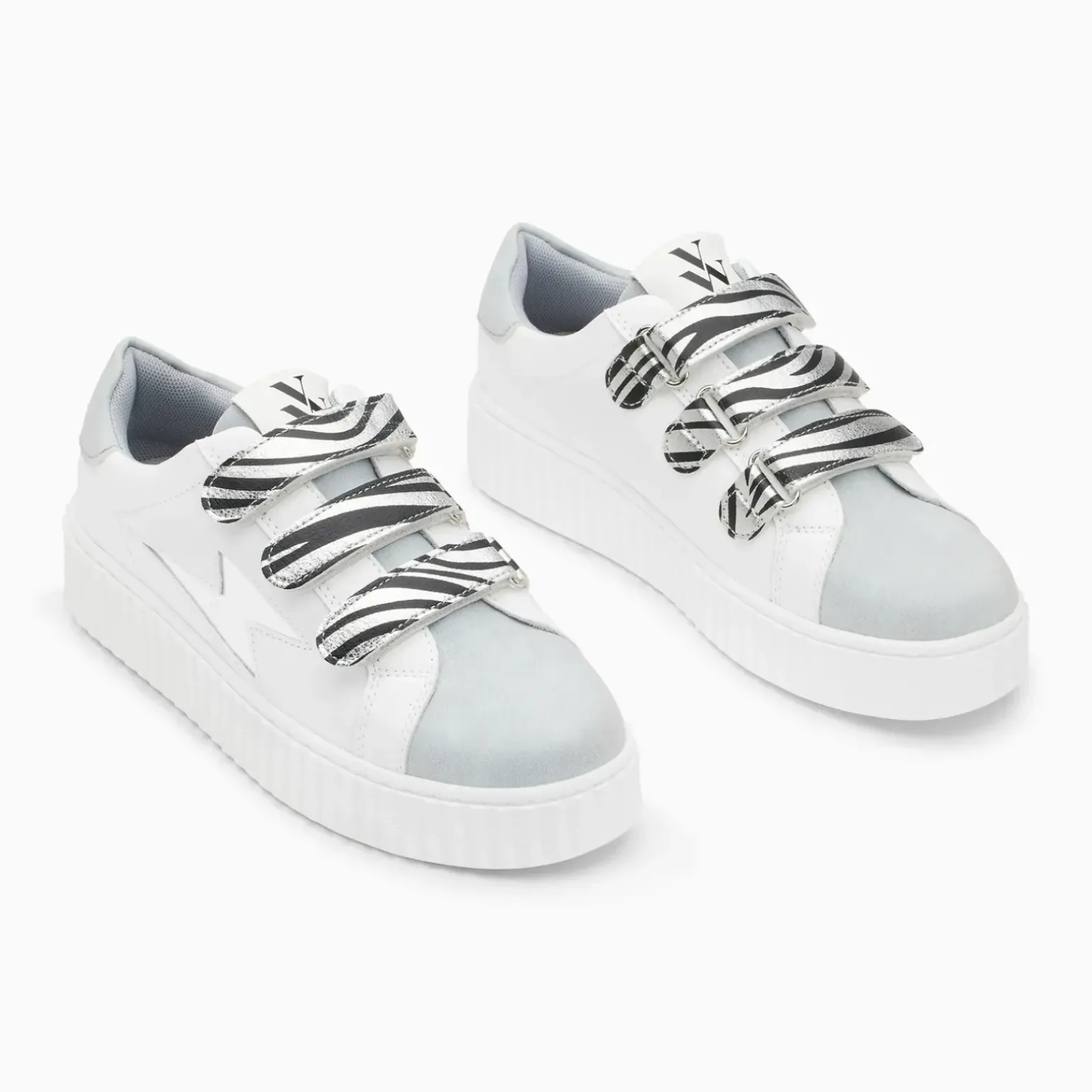 Baskets éclair Opaline blanc et gris à scratchs zèbre