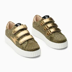 Baskets éclair Sophie guépard kaki et or à scratchs
