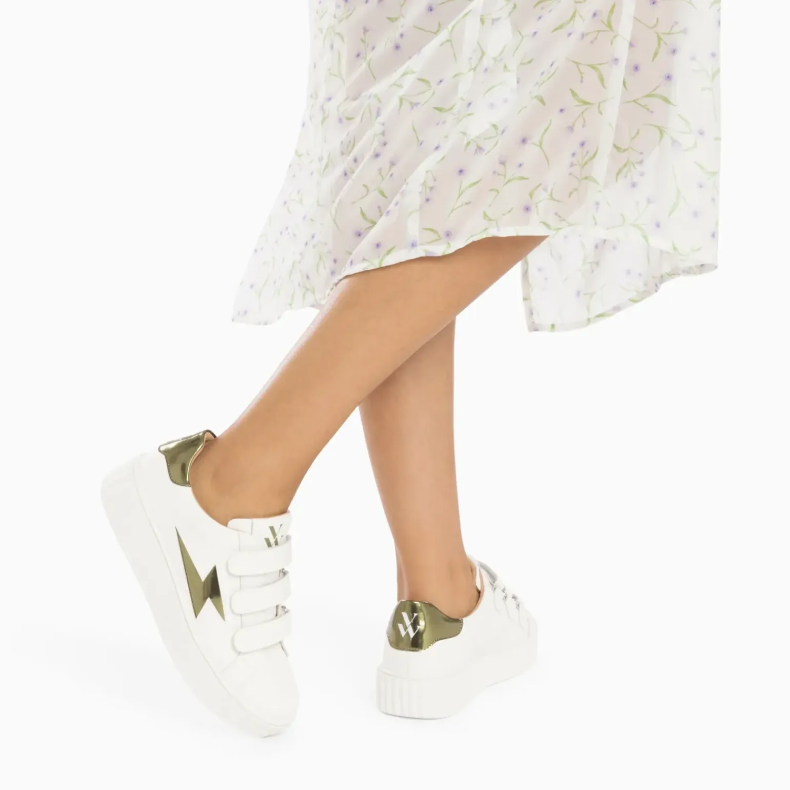 Baskets éclair Willow blanc et kaki effet miroir à scratchs