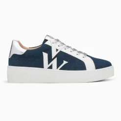 Baskets monogramme Gaïa denim et blanc à lacets argent