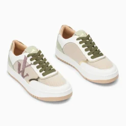 Baskets monogramme Rosie beige et vert
