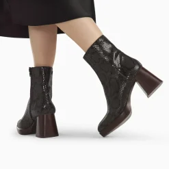 Bottines Francesca noir serpent à plateforme et talon bois