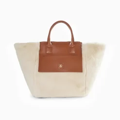 Cabas Christiane beige et camel en fausse fourrure
