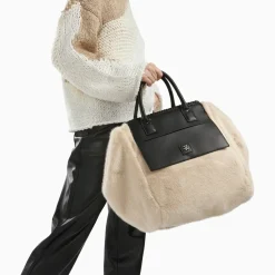 Cabas Christiane beige et noir en fausse fourrure