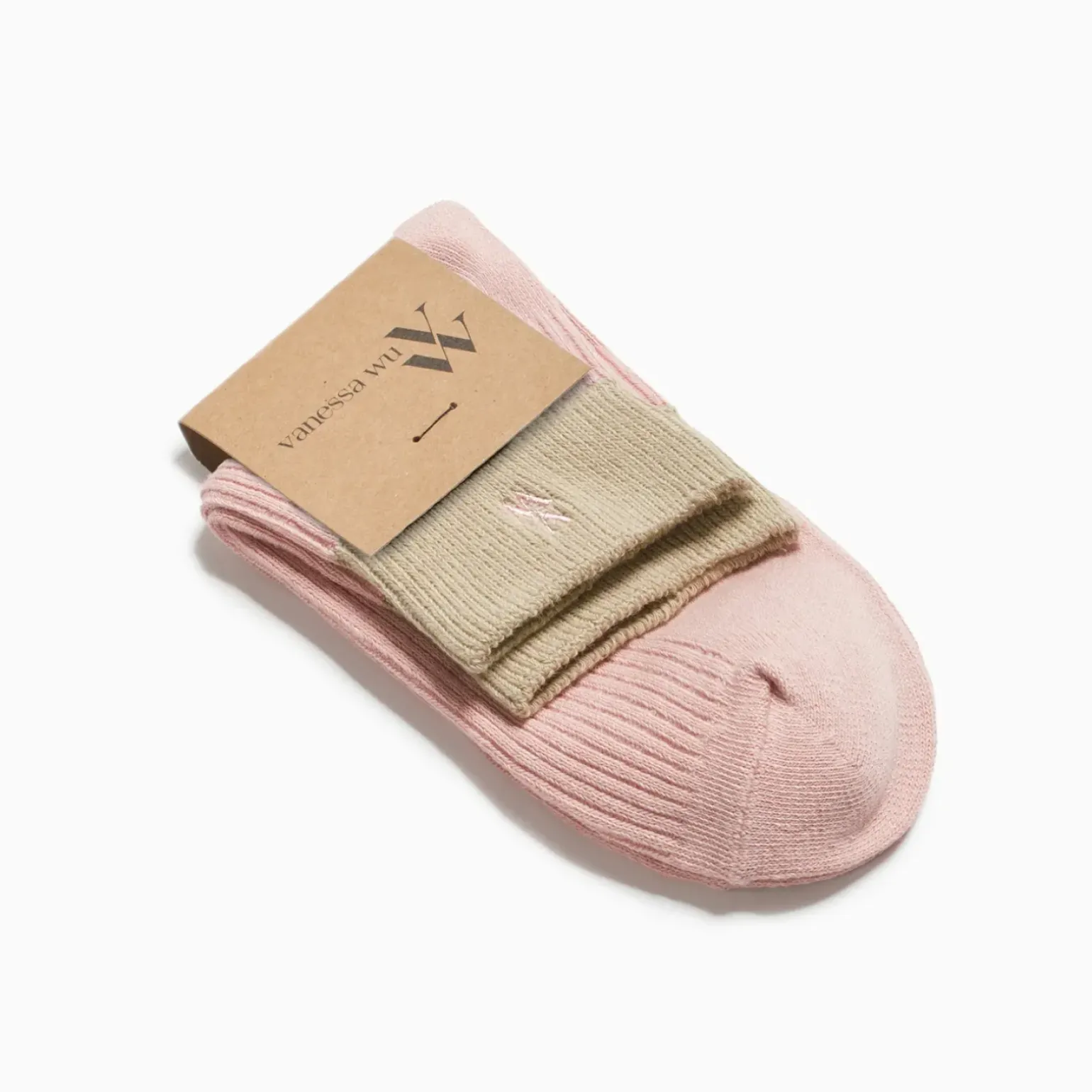 Chaussettes courtes Lia rose et kaki côtelées