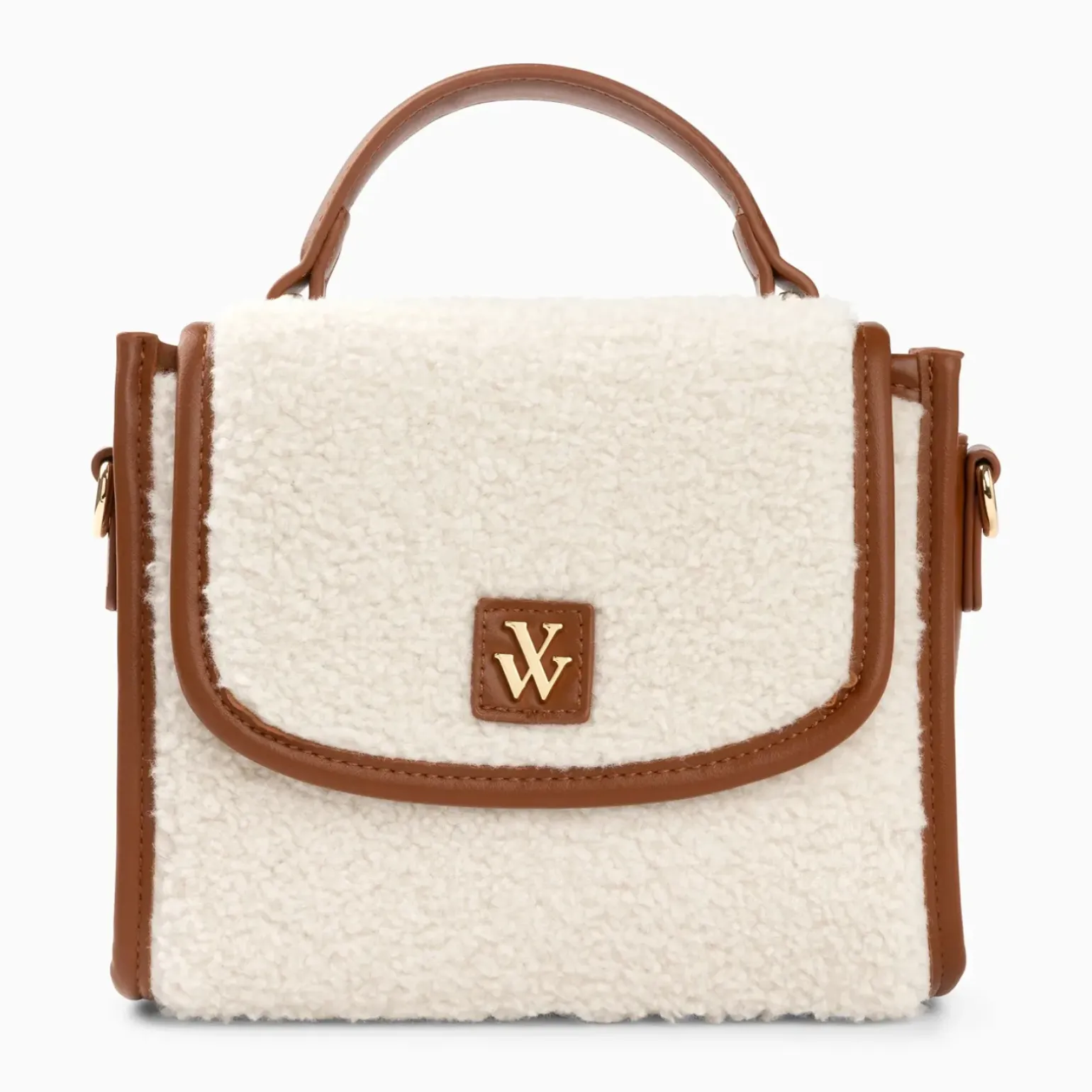 Mini sac à main Victoria ivoire et camel en faux shearling