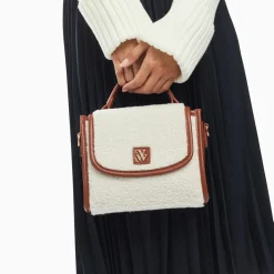Mini sac à main Victoria ivoire et camel en faux shearling