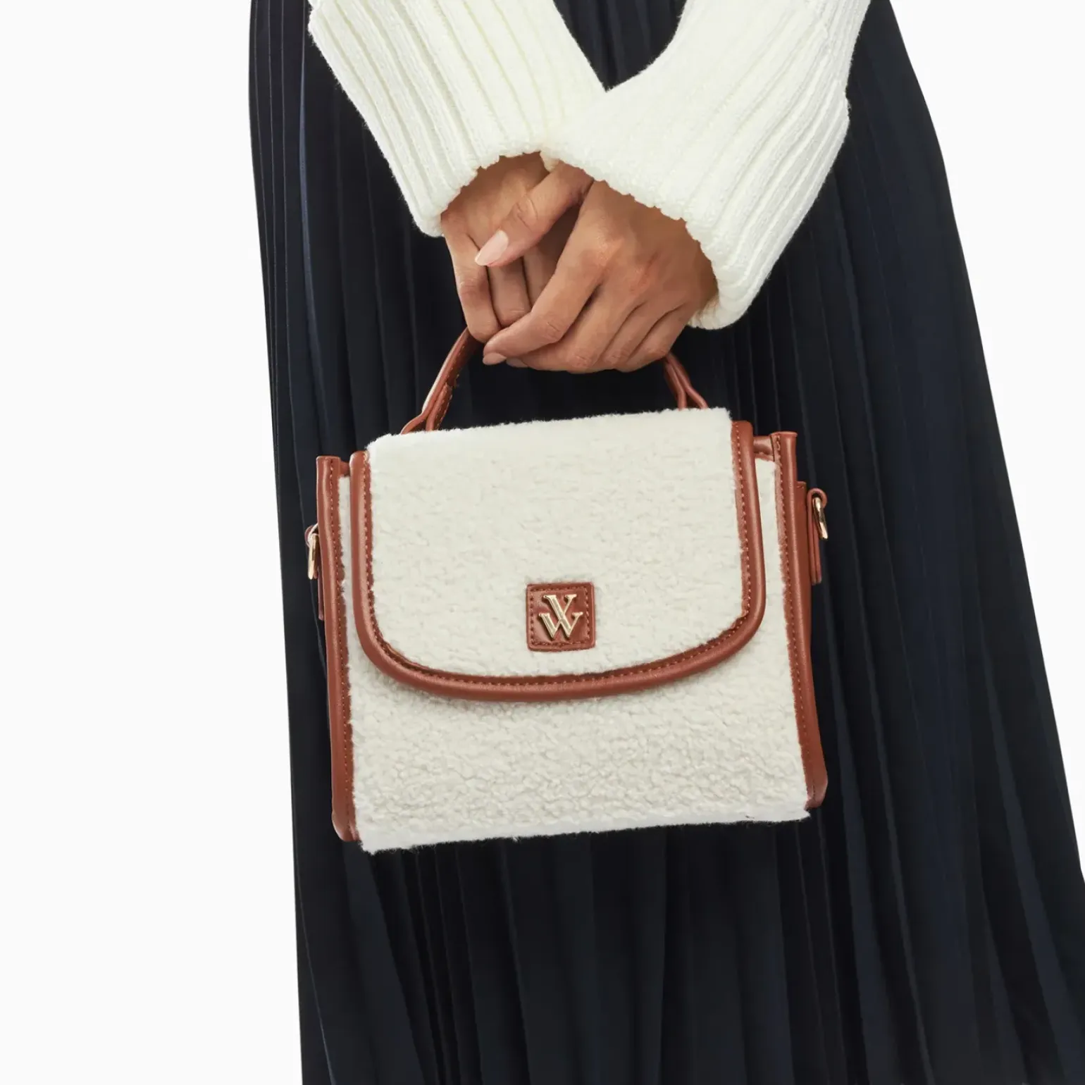 Mini sac à main Victoria ivoire et camel en faux shearling