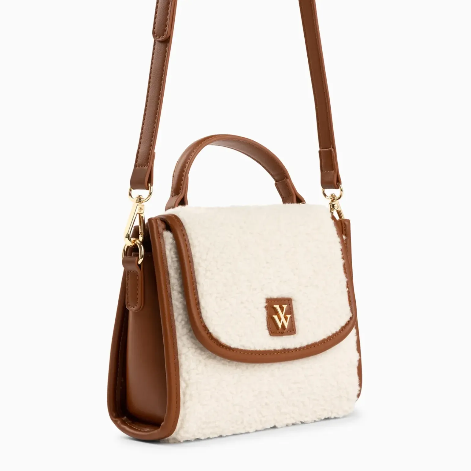 Mini sac à main Victoria ivoire et camel en faux shearling