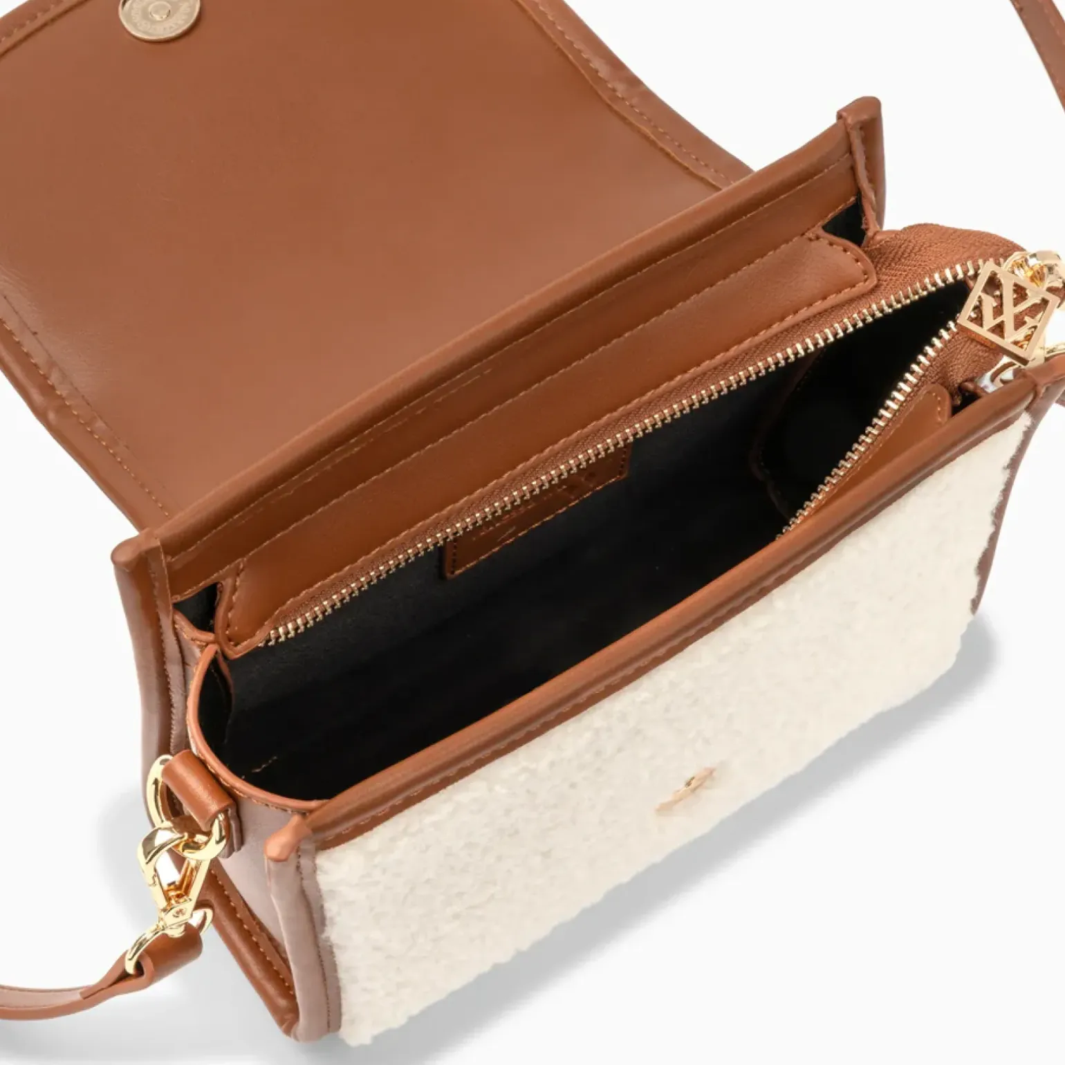Mini sac à main Victoria ivoire et camel en faux shearling