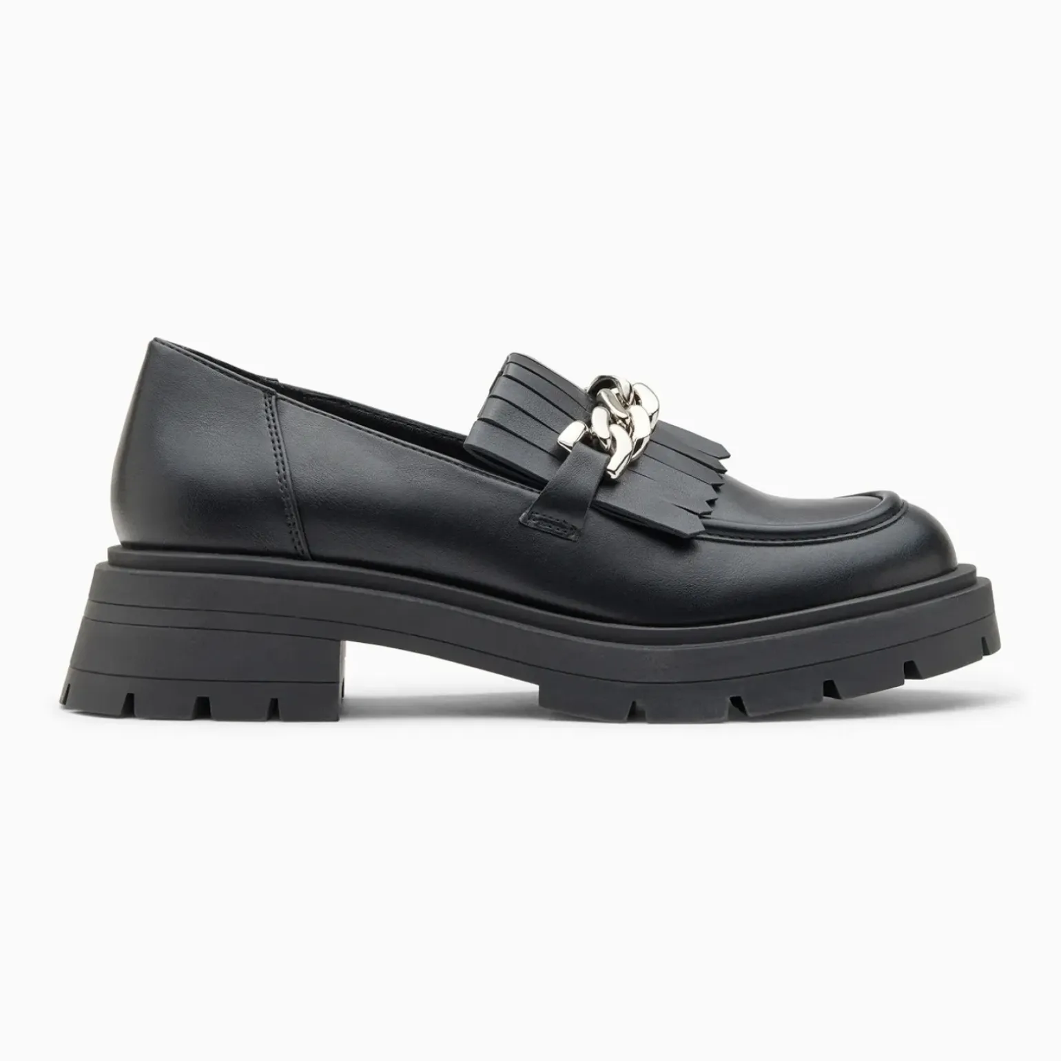 Mocassins Angèle noirs à chaîne argent et semelle crantée