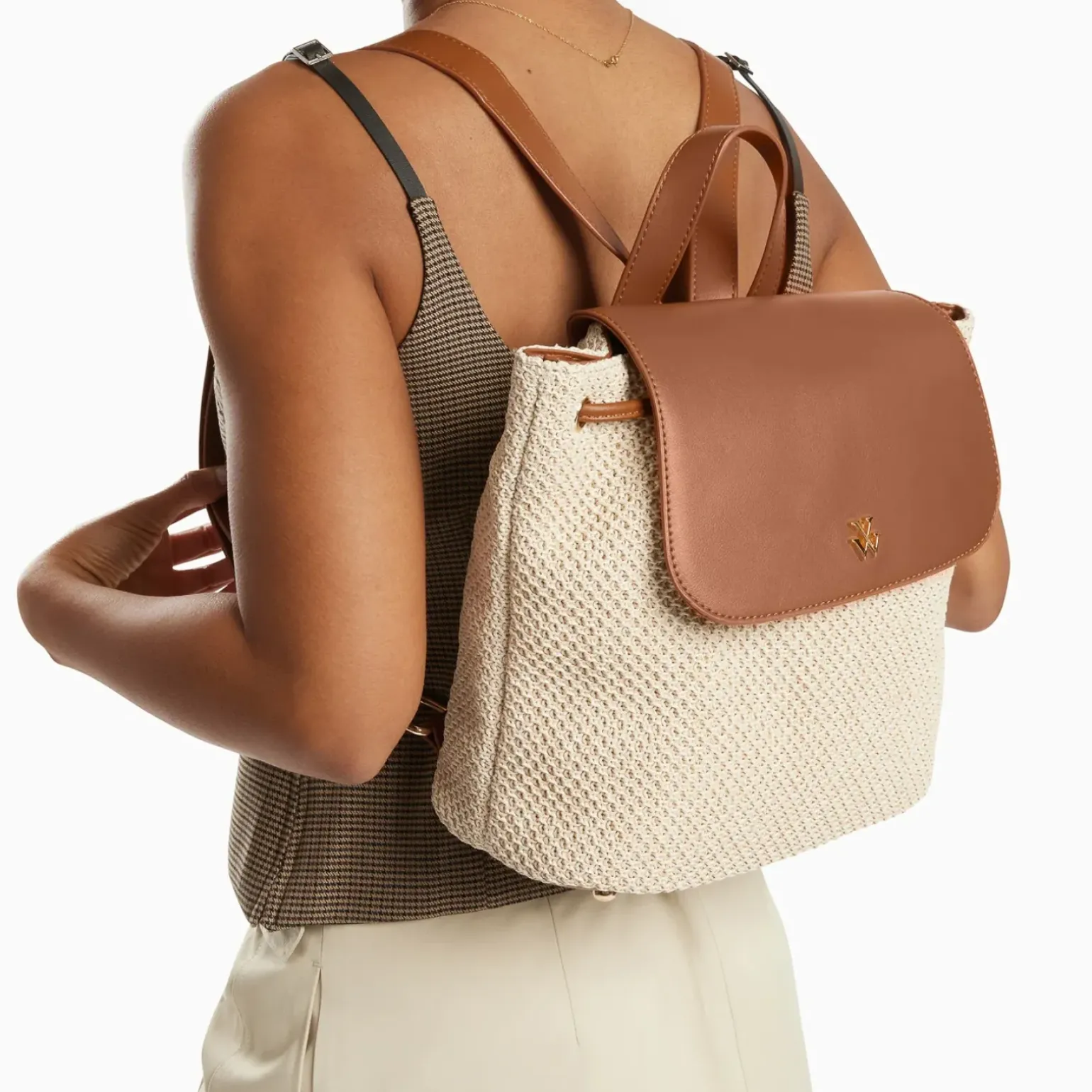 Sac à dos Myriam en raphia écru et camel