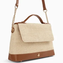 Sac cartable Lisa en raphia beige à détails camel