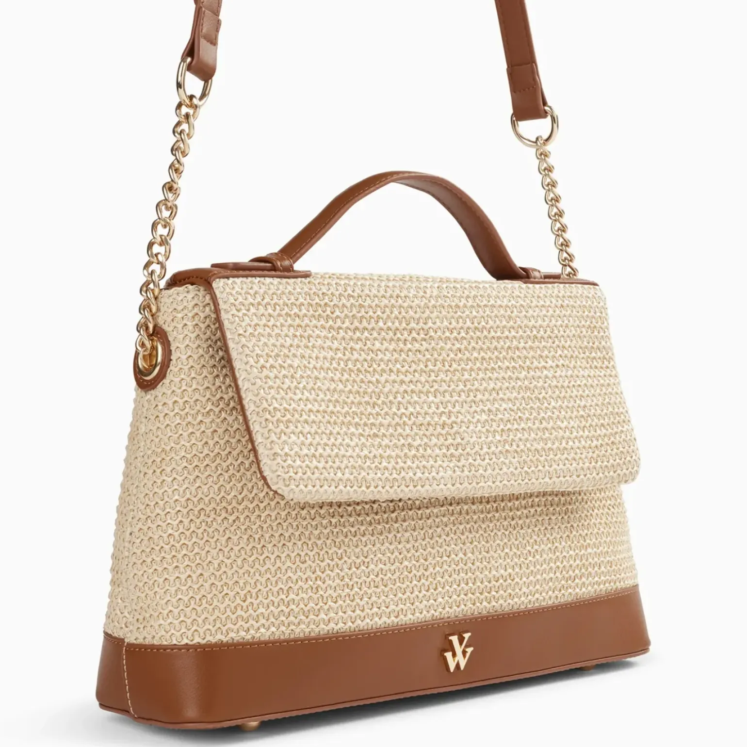 Sac cartable Lisa en raphia beige à détails camel