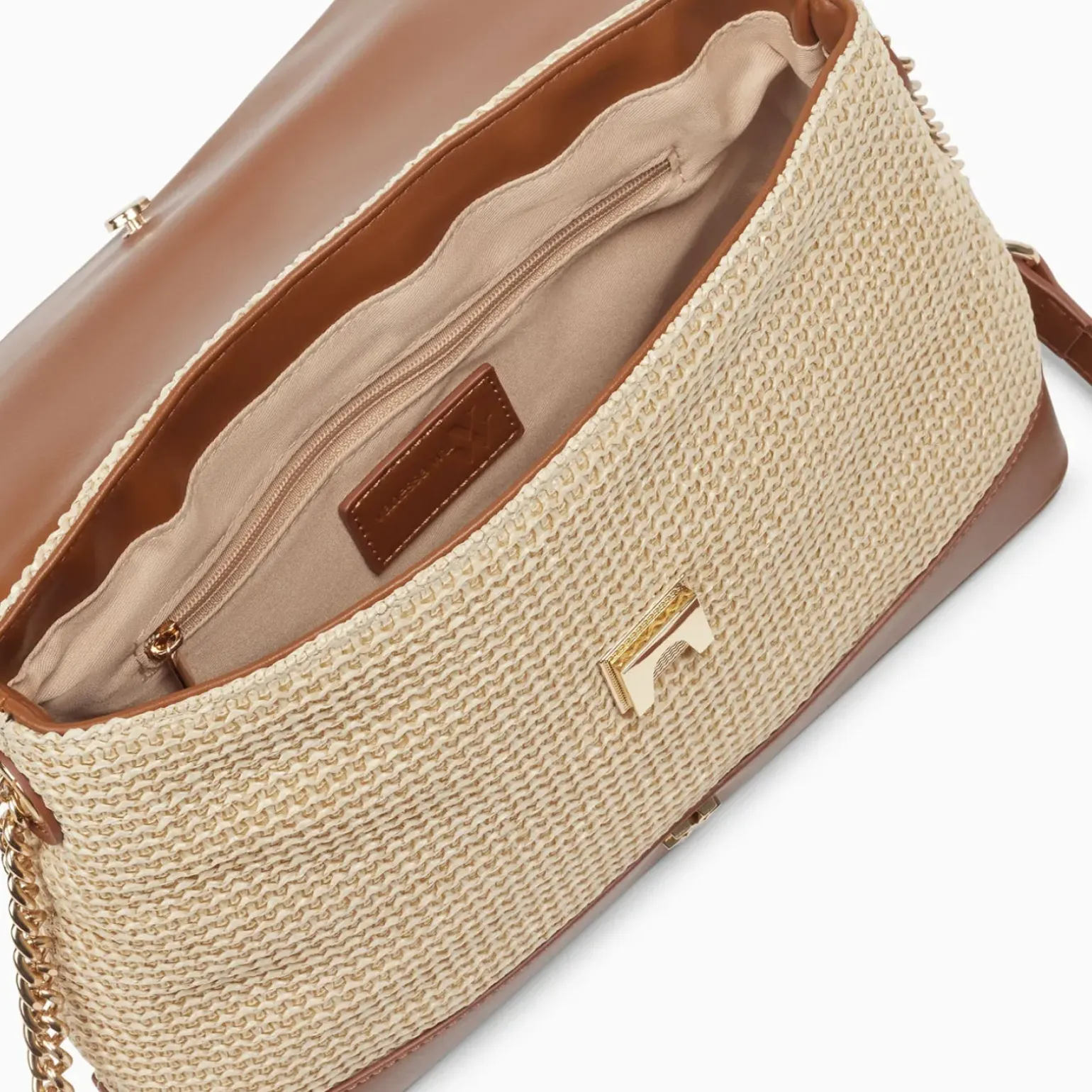 Sac cartable Lisa en raphia beige à détails camel