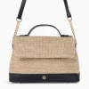 Sac cartable Lisa en raphia beige à détails noirs
