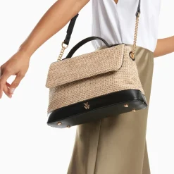 Sac cartable Lisa en raphia beige à détails noirs