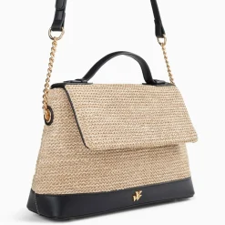 Sac cartable Lisa en raphia beige à détails noirs