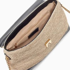 Sac cartable Lisa en raphia beige à détails noirs