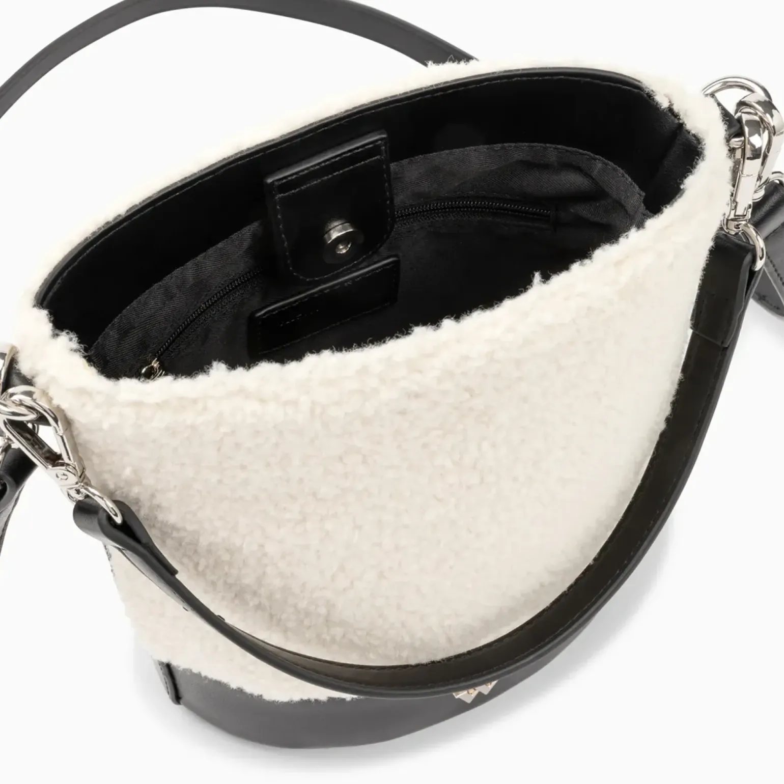 Sac seau Milou ivoire et noir en faux shearling