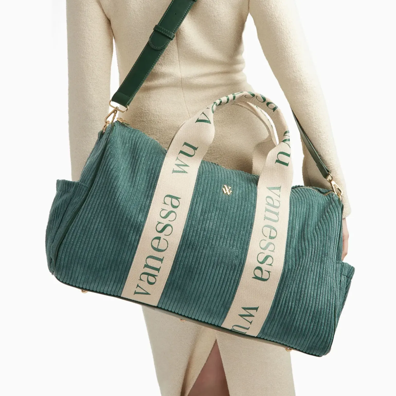 Sac week-end Adrienne bleu-vert foncé en velours côtelé