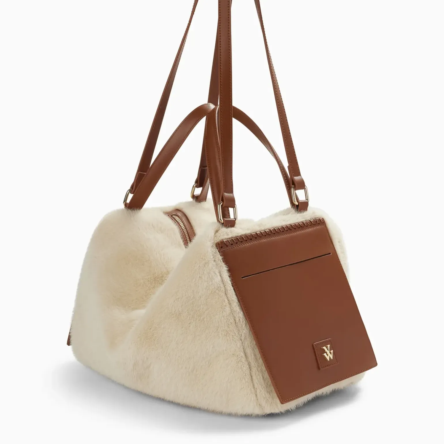 Sac week-end Kenza beige et camel en fausse fourrure