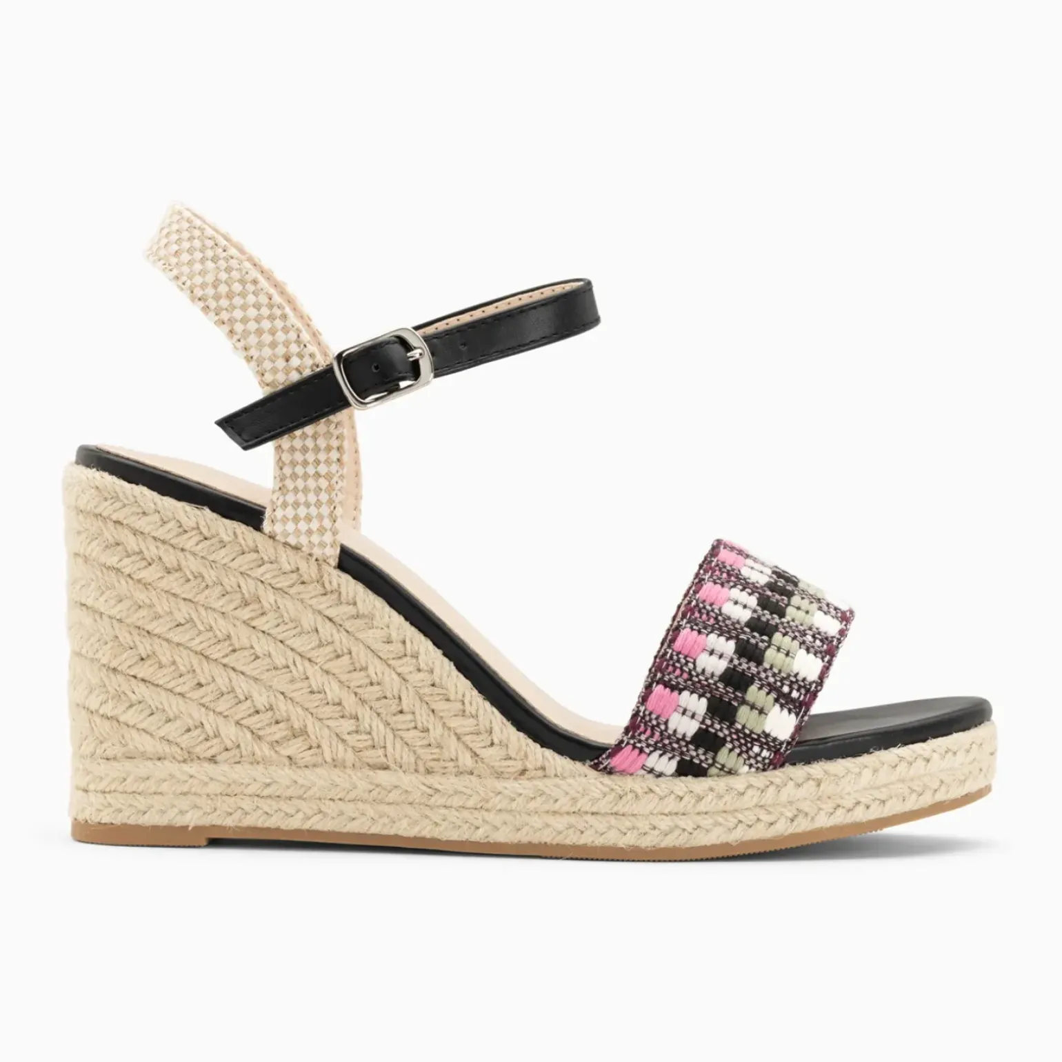 Sandales compensées Honorine noir et rose en tissu jacquard